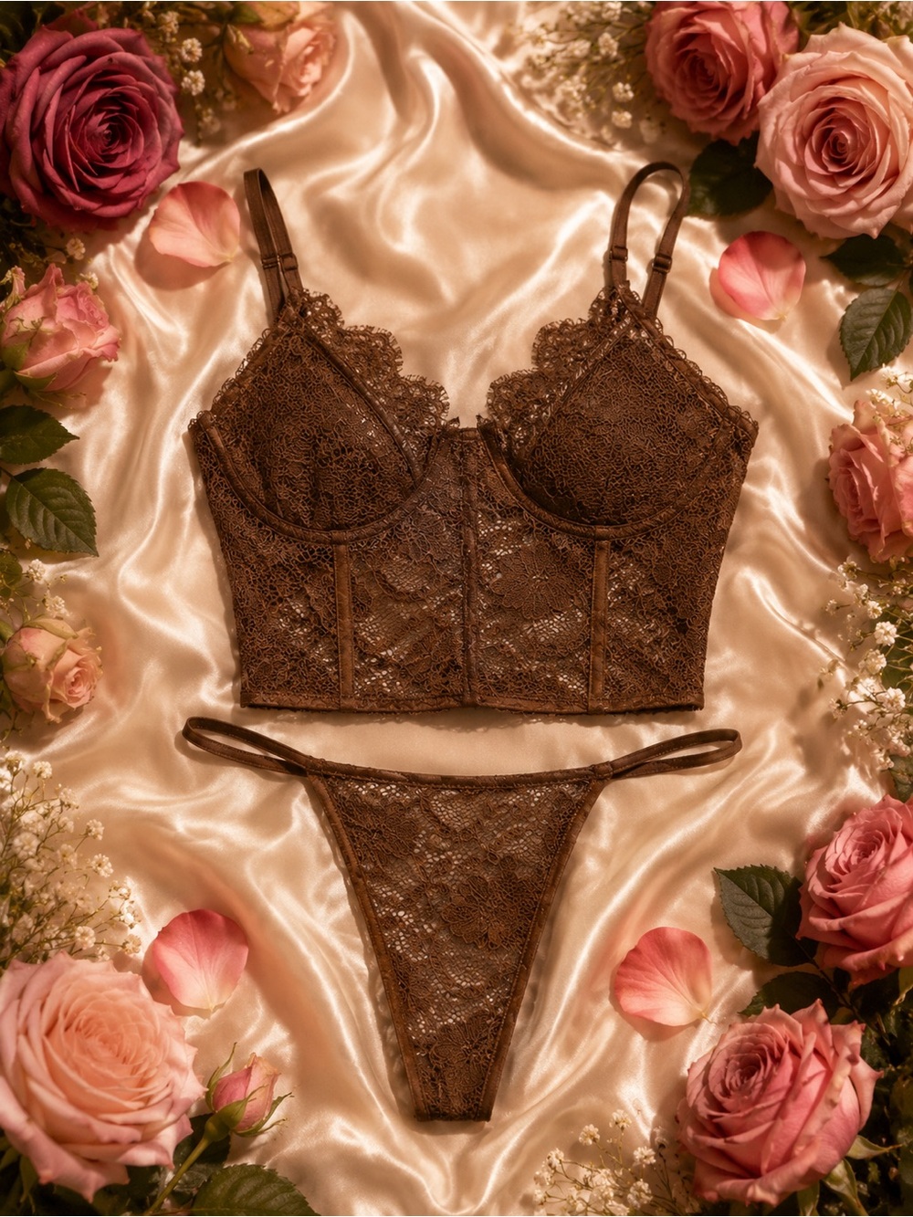 Brown Lace Bra & Thong Lingerie Set NWT feminine lace floral sheer - Picture 1 of 2